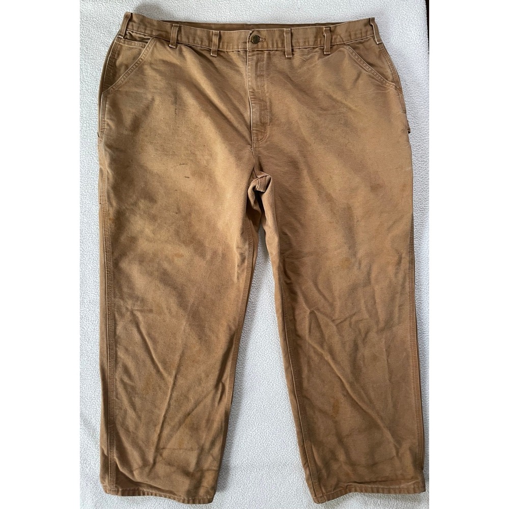 Distressed Carhartt Mens 46x32 Original Dungaree Fit Pants Brown Canvas B11-BRN
